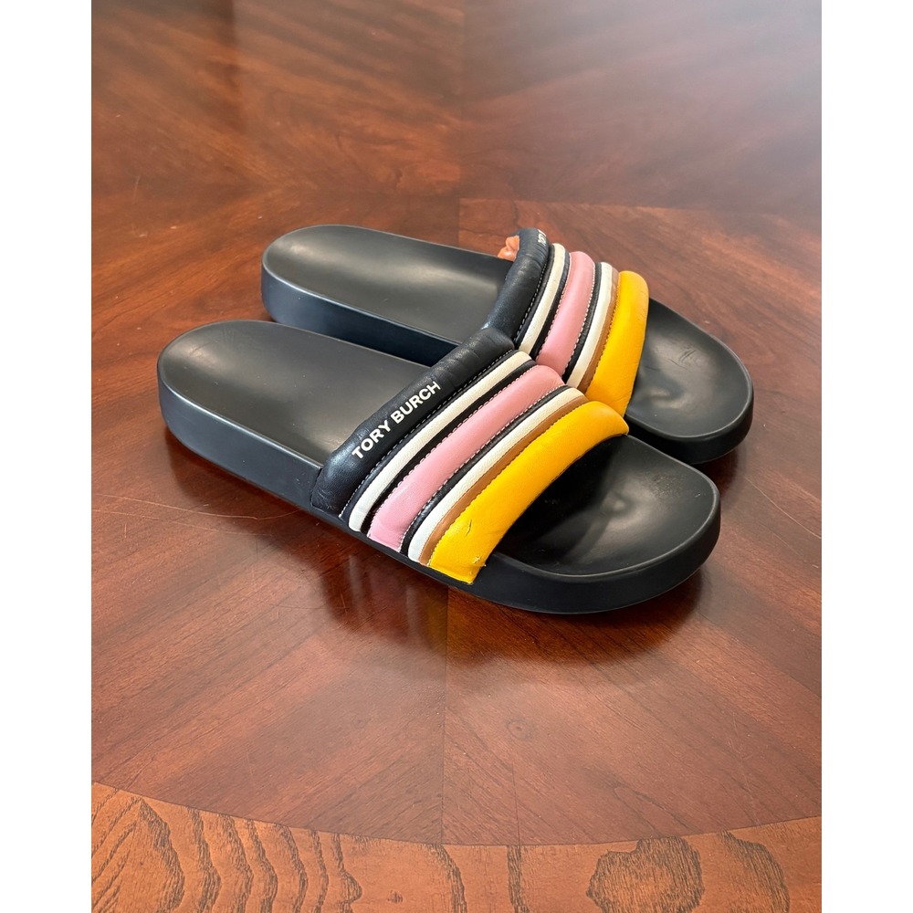 Tory Burch Slides Sandals 9 Striped Rainbow Padded Leather Sporty Slip On Womens